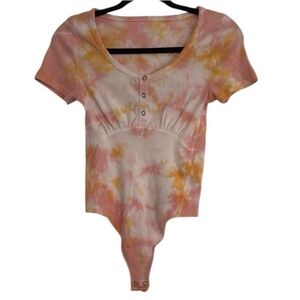Aerie Orange Pink Tie Dye Thong Women's Henley Bodysuit Size Large Short Sleeve